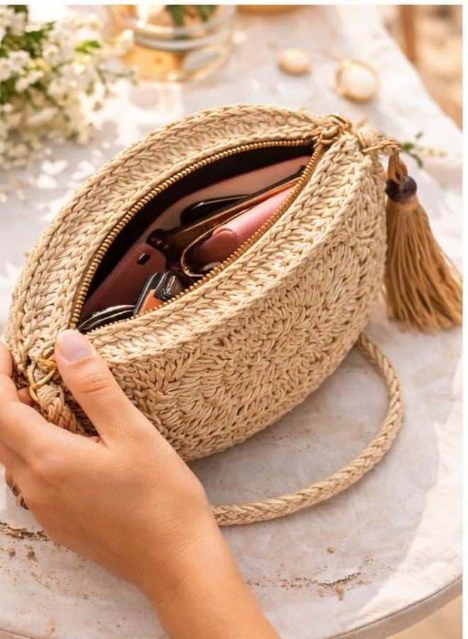 SENORA Round Jute Sling Bag for Women, Boho Straw Crossbody with Zip Closure and Tassel, Handcrafted Purse (nutral tan) - Image 5
