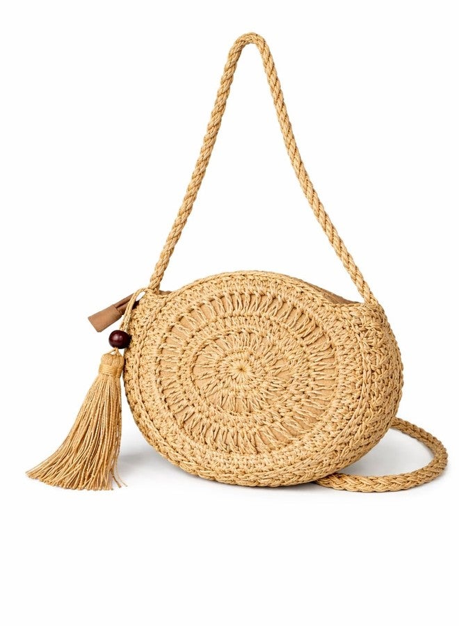 SENORA Round Jute Sling Bag for Women, Boho Straw Crossbody with Zip Closure and Tassel, Handcrafted Purse (nutral tan) - Image 2