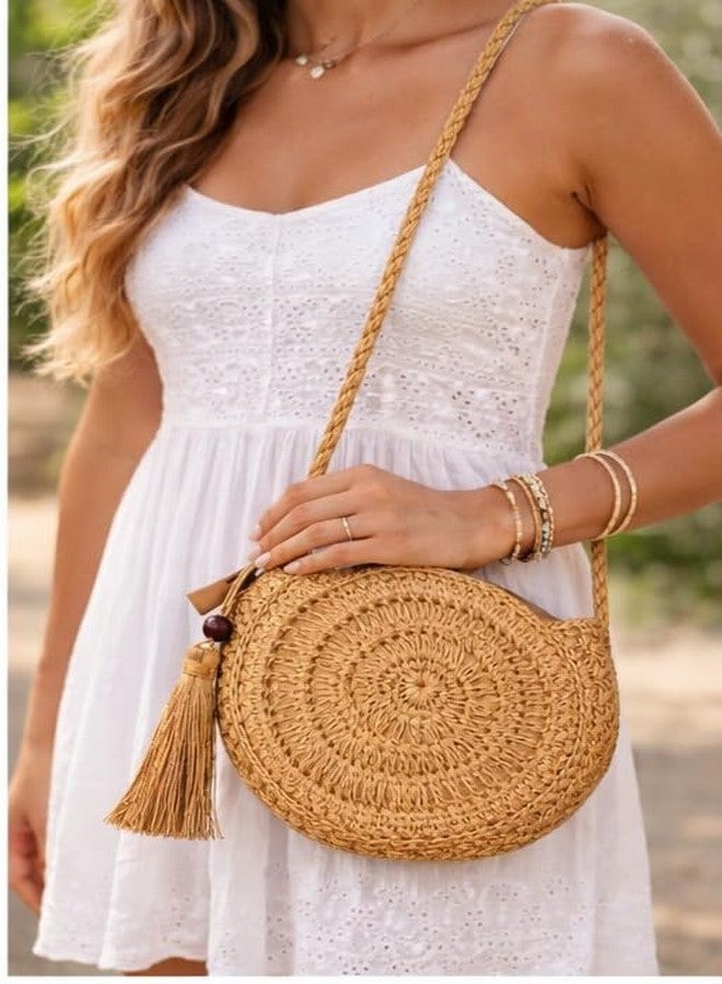SENORA Round Jute Sling Bag for Women, Boho Straw Crossbody with Zip Closure and Tassel, Handcrafted Purse (nutral tan) - Image 3