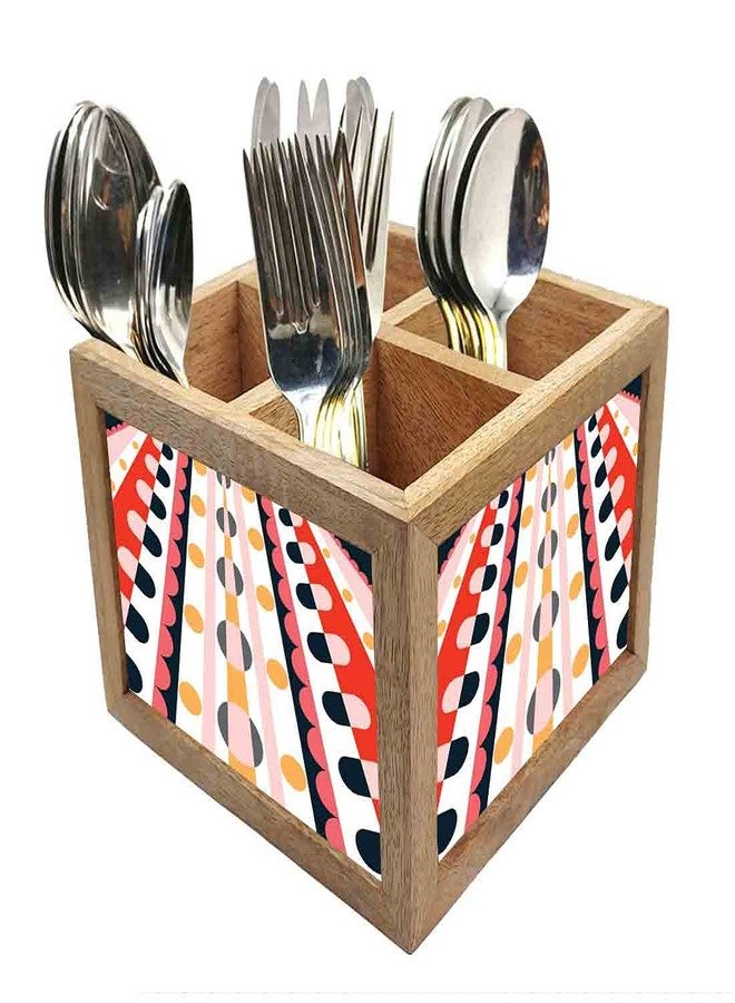 Nutcase Wooden Cutlery Stand Holder Silverware Caddy Spoons Forks Knives Organizer for Dining Table & Kitchen -Made in India-Spoons NOT Included - Retro Design Pattern - Image 1