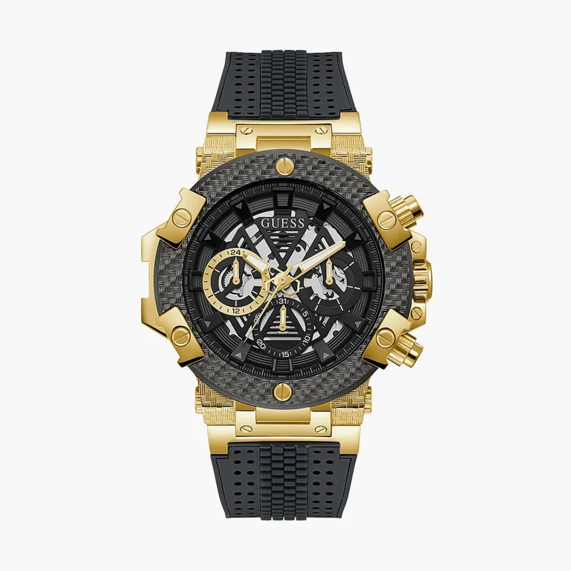 جس Guess Men's Black And Gold Chronograph Watch
