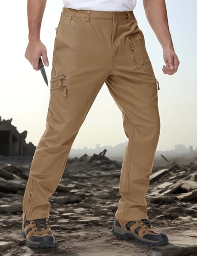 CRYSULLY Men's Working Ripstop Pants Tactical Hiking Stretch Pants Wild Combat Zipper Pockets Trousers Wolf Brown 34 - Image 3