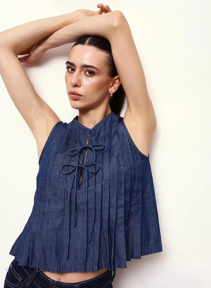 دينيس لينغو Blue 100% Cotton Self Designed Blouse Regular Fit Tops For Women