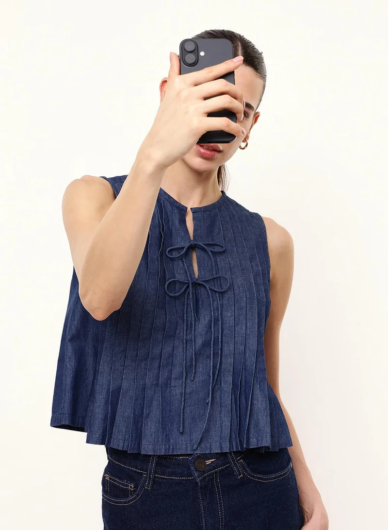 دينيس لينغو Blue 100% Cotton Self Designed Blouse Regular Fit Tops For Women