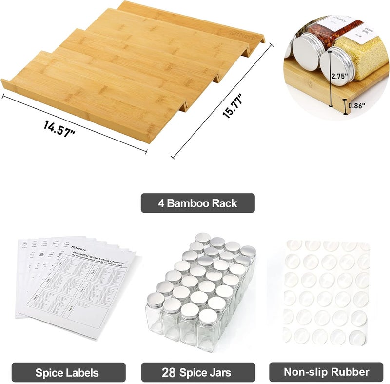KitHero Spice Drawer Organizer with 28 Spice Jars,216 Labels,25 Non-slip Rubber, Bamboo 4 Tier Seasoning Rack Tray Insert for Kitchen Drawers,Cabinets,Countertop,14.6" Wide x 15.8" Deep - Image 3