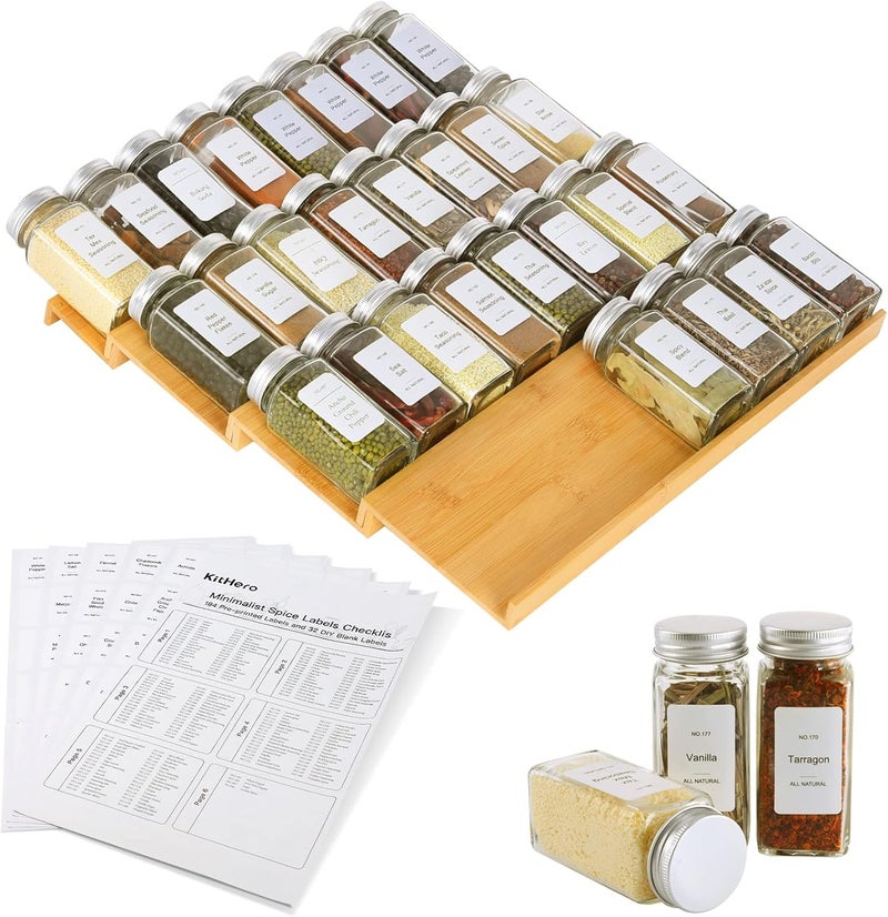 KitHero Spice Drawer Organizer with 28 Spice Jars,216 Labels,25 Non-slip Rubber, Bamboo 4 Tier Seasoning Rack Tray Insert for Kitchen Drawers,Cabinets,Countertop,14.6" Wide x 15.8" Deep - Image 1