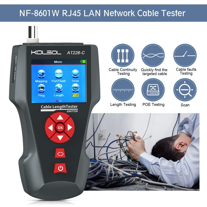 NOYAFA Network Cable Tester, AT226-C NF-8601W LAN Ethernet Cable Tester RJ45 UTP STP Diagnose Tone Tracer Network Cable Length Tester for RJ45, RJ11, BNC, PING/POE 8 Identifier Telephone Wire Tracker - Image 2
