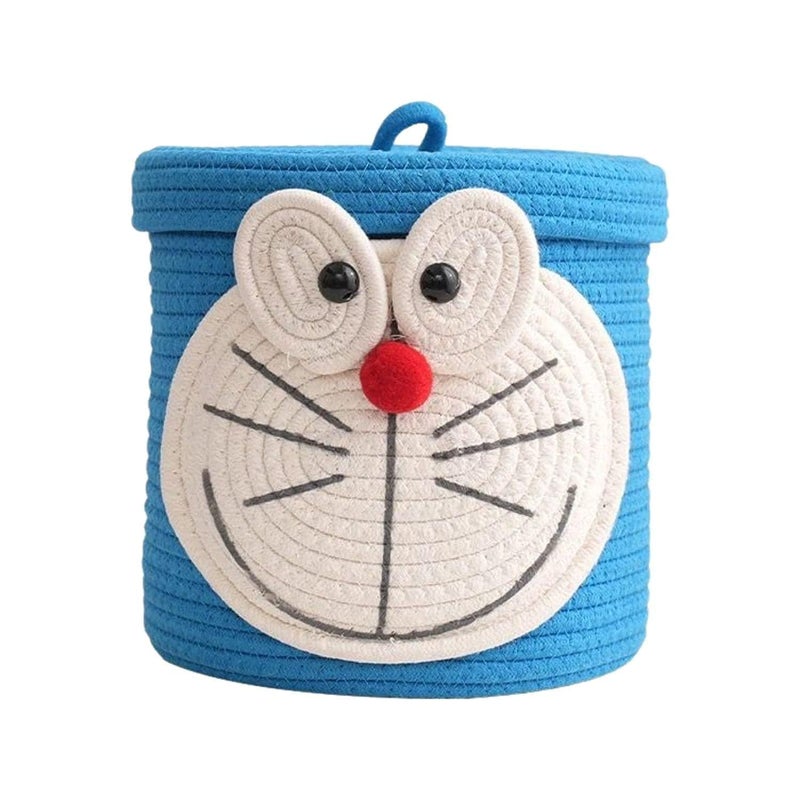 Juteify® Animal Storage Basket for Kids, Rope Storage Basket for Baby Diaper, Stuffed Animal Storage Bin Rope Basket for Kids Toy, Baby Laundry Baskets with lid (Doremon) (Doremon) - Image 1