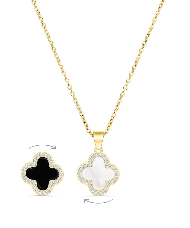 SHINYY 2 Side Crystal Clover Necklace for Women | 18K Gold Plated Four Leaf Lucky Pendant | 4 Leaf Cubic Zirconia Jewelry for Her (Gold & Black White) - Image 1