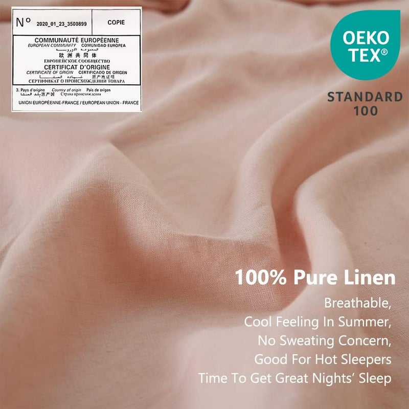 Simple&Opulence 100% Linen Sheet Set with Embroidery Washed - 4 Pieces (1 Flat Sheet & 1 Fitted Sheet & 2 Pillowcases) Natural Flax Soft Bedding Breathable Farmhouse - Pink, King Size - Image 2