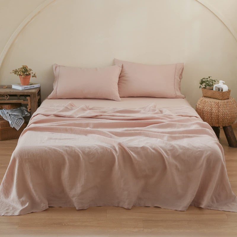 Simple&Opulence 100% Linen Sheet Set with Embroidery Washed - 4 Pieces (1 Flat Sheet & 1 Fitted Sheet & 2 Pillowcases) Natural Flax Soft Bedding Breathable Farmhouse - Pink, King Size - Image 1