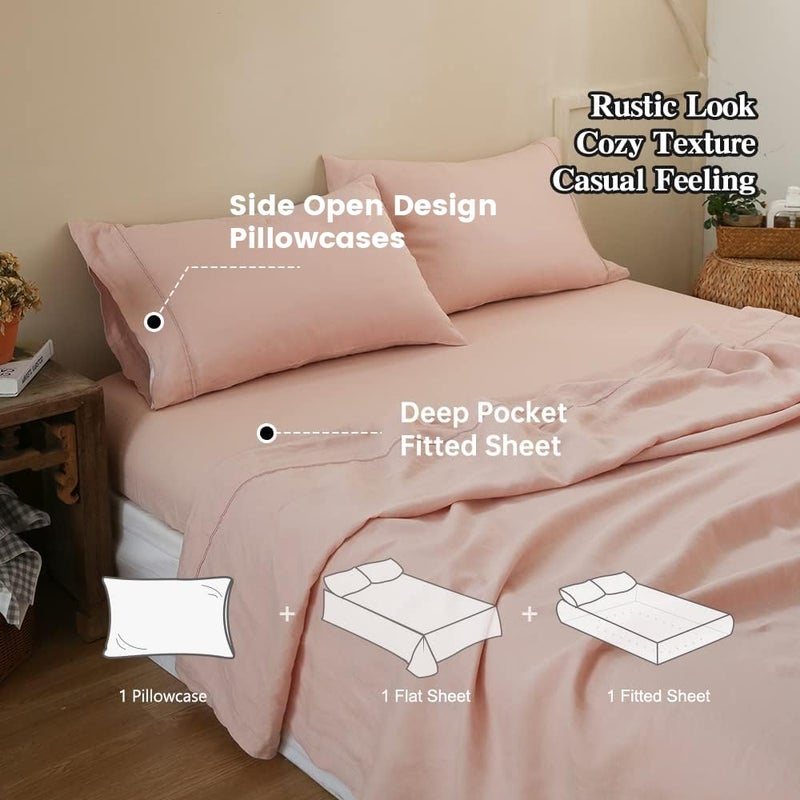 Simple&Opulence 100% Linen Sheet Set with Embroidery Washed - 4 Pieces (1 Flat Sheet & 1 Fitted Sheet & 2 Pillowcases) Natural Flax Soft Bedding Breathable Farmhouse - Pink, King Size - Image 3