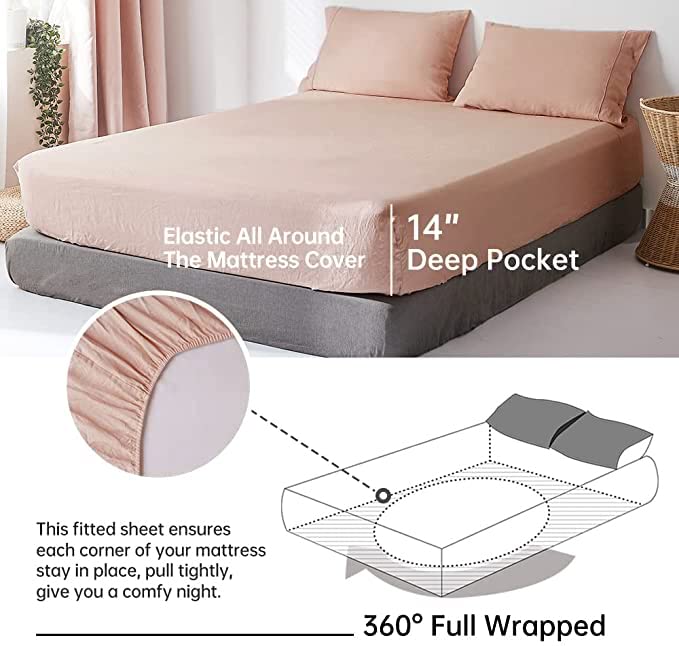 Simple&Opulence 100% Linen Sheet Set with Embroidery Washed - 4 Pieces (1 Flat Sheet & 1 Fitted Sheet & 2 Pillowcases) Natural Flax Soft Bedding Breathable Farmhouse - Pink, King Size - Image 4