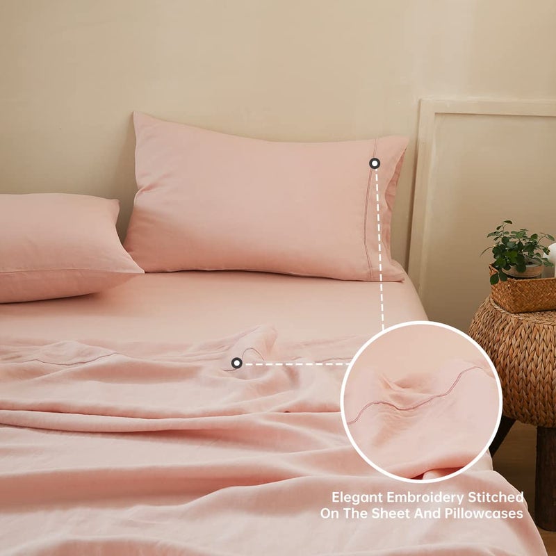 Simple&Opulence 100% Linen Sheet Set with Embroidery Washed - 4 Pieces (1 Flat Sheet & 1 Fitted Sheet & 2 Pillowcases) Natural Flax Soft Bedding Breathable Farmhouse - Pink, King Size - Image 5