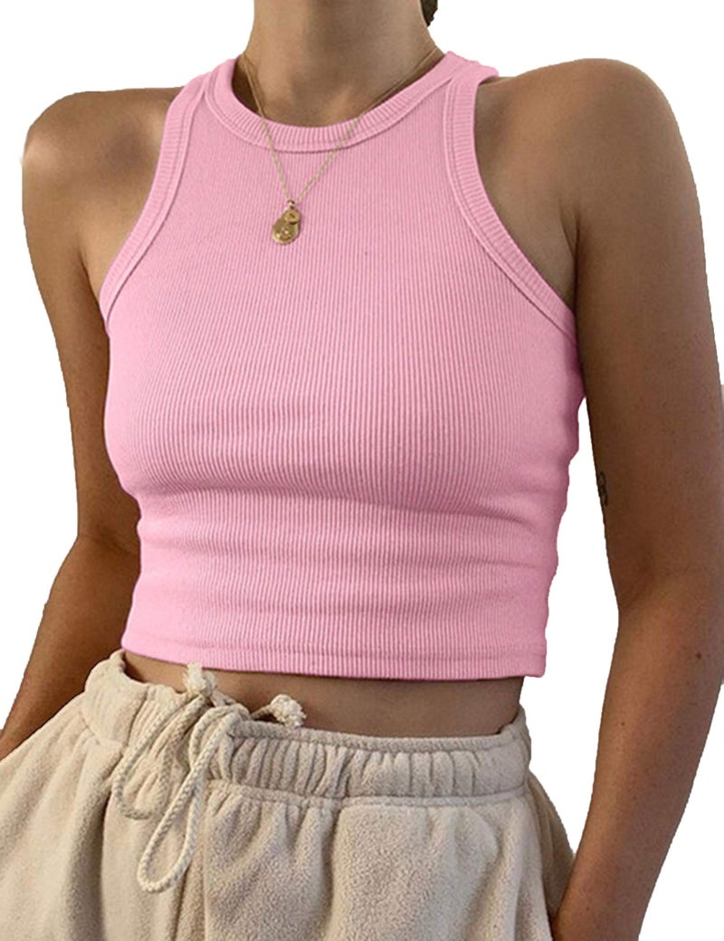 KAMISSY Cotton Rib-Knit Racerback Basic Tank Tops for Women Girls Sleeveless Vest Binding Y2k Crop Tank Top Pink S - Image 1