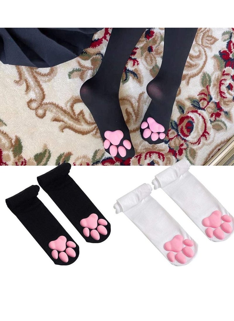 SYOSI - Cat Paw Cushion Socks, Women Thigh High Socks 3D Flesh Cushion Kitten Paw Stockings Knee High Socks for Role Play Parties Cat Dress Up Etc. (2 Pairs, Black White) - Image 1