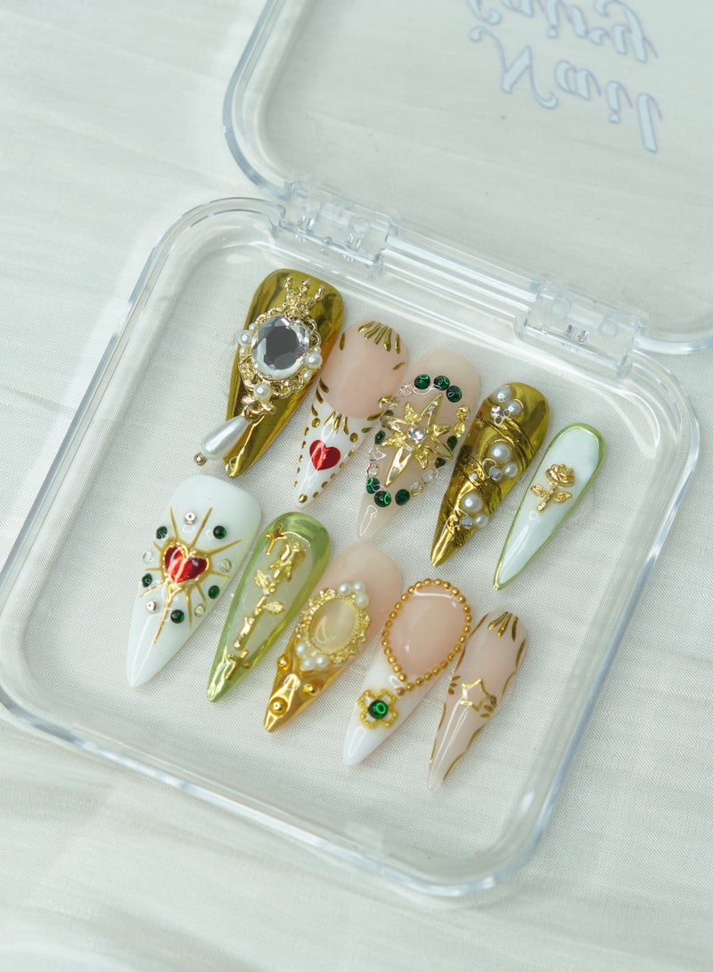  فيري الأظافر أظافر مصنوعة يدويًا بالضغط على الأظافر - أظافر مصنوعة يدويًا - أظافر كستنائية اللون كستنائي اللون مع حلي على شكل نجمة متقاطعة - تصميم أنيق مستوحى من الملكة الحمراء - قابلة لإعادة الاستخدام مع طقم تطبيق مجاني - Image 1