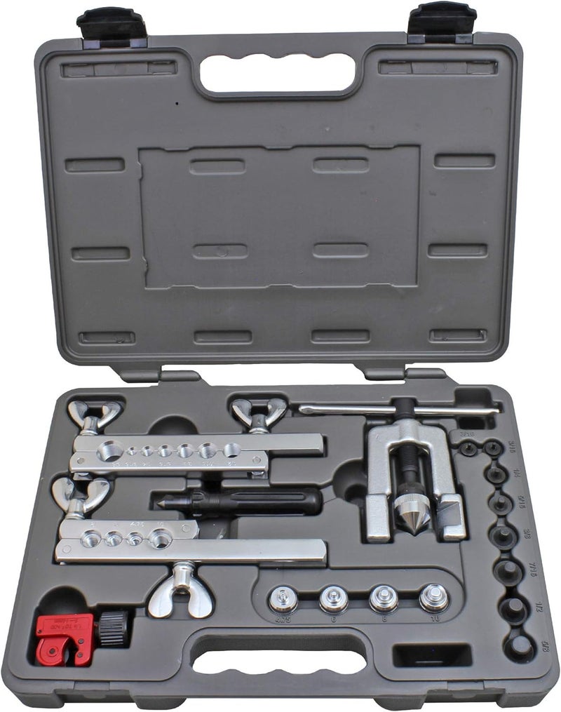4LIFETIMELINES Professional Brake Line Flare Kit for Single, Double (SAE) Flares & Bubble (ISO) Flares - 2 Flaring Bars, 12 Flaring Dies, Tubing Cutter, Tubing Reamer, & Storage Case - Image 1