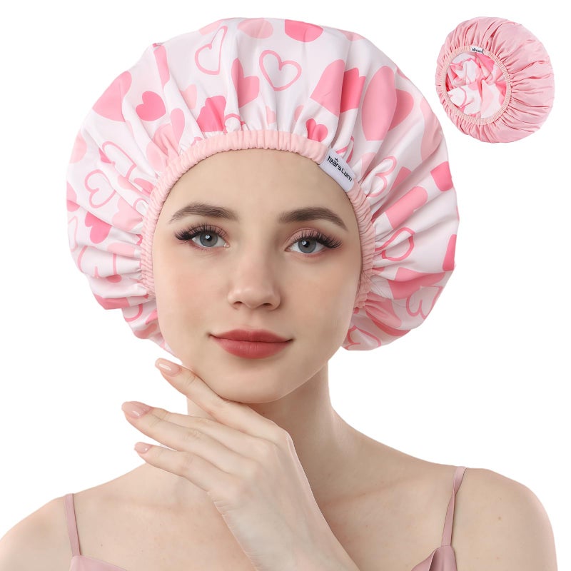 Years Calm Shower Caps For Women Reusable Waterproof Pattern And Solid Color Dual-Layer Design For Dual-Layer Usable Protects Hair In Shower  Spa  Cooking  Clean & Travel (Pink  Extra Large) - Image 1
