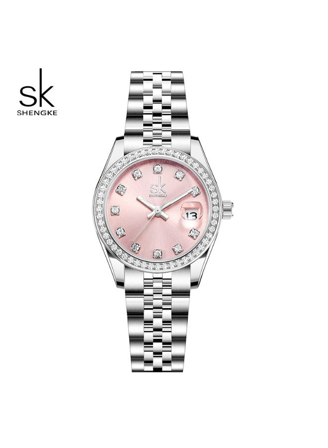 اس كيه شينكاج SK Shengke Women's Quartz Watch with a Steel Strap and Zircon Calendar (Pink) - A Luxury-Looking Watch - Image 1