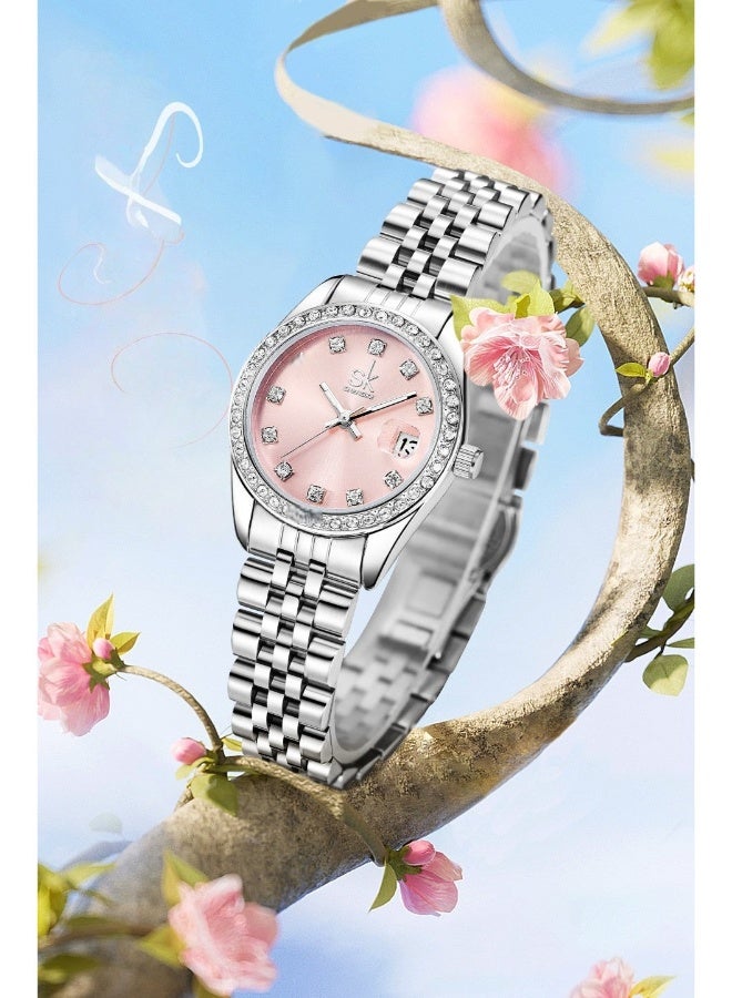 اس كيه شينكاج SK Shengke Women's Quartz Watch with a Steel Strap and Zircon Calendar (Pink) - A Luxury-Looking Watch - Image 2