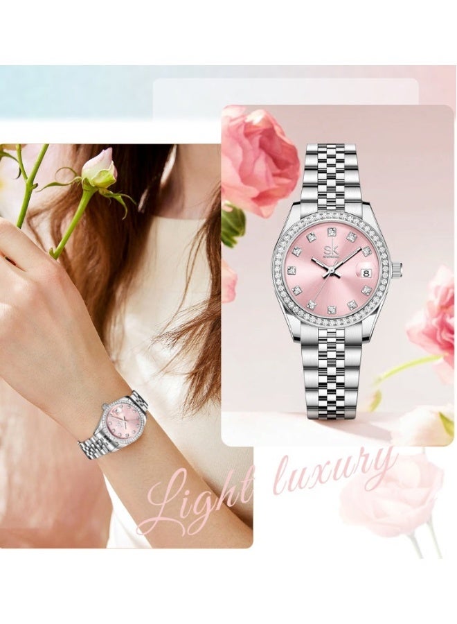 اس كيه شينكاج SK Shengke Women's Quartz Watch with a Steel Strap and Zircon Calendar (Pink) - A Luxury-Looking Watch - Image 4