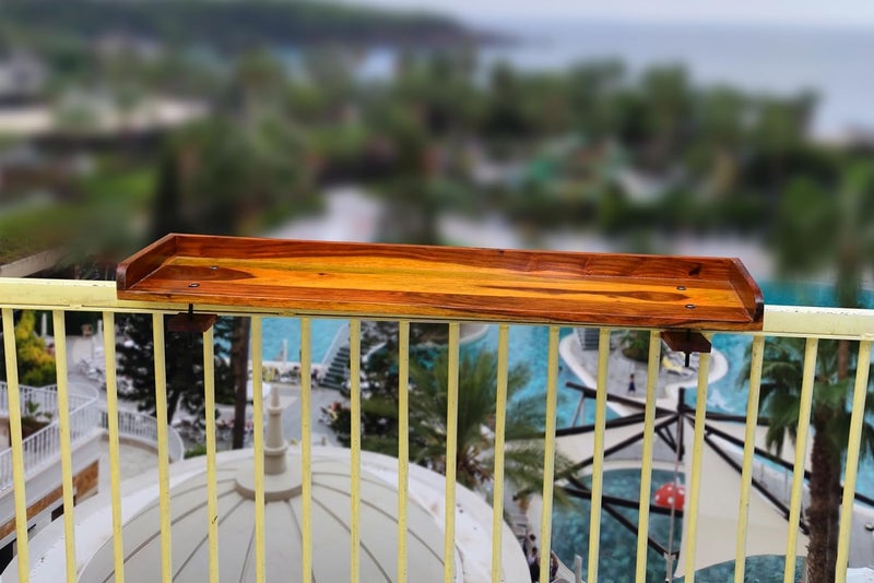 Furnelift Wooden Railing Table for Balcony - Sheesham Wood Hanging Table for Garden - Bar Counter Stand for Outdoor Furniture (Round, Teak) - Image 4