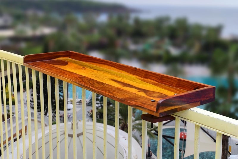 Furnelift Wooden Railing Table for Balcony - Sheesham Wood Hanging Table for Garden - Bar Counter Stand for Outdoor Furniture (Round, Teak) - Image 1