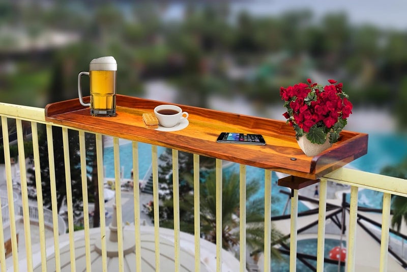 Furnelift Wooden Railing Table for Balcony - Sheesham Wood Hanging Table for Garden - Bar Counter Stand for Outdoor Furniture (Round, Teak) - Image 2