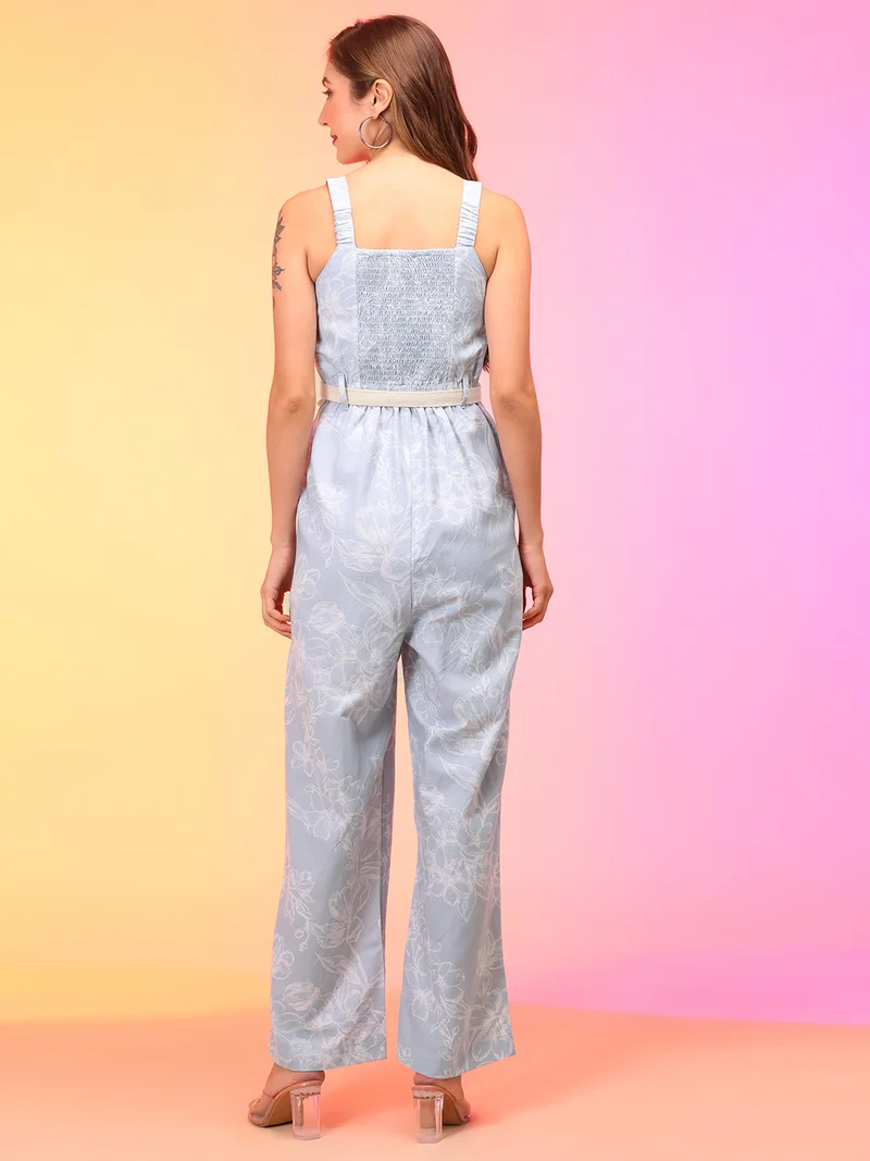 globus Women Floral Printed Sweetheart Neck Waist Tie-Ups Jumpsuit