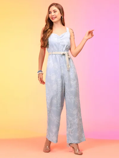 globus Women Floral Printed Sweetheart Neck Waist Tie-Ups Jumpsuit