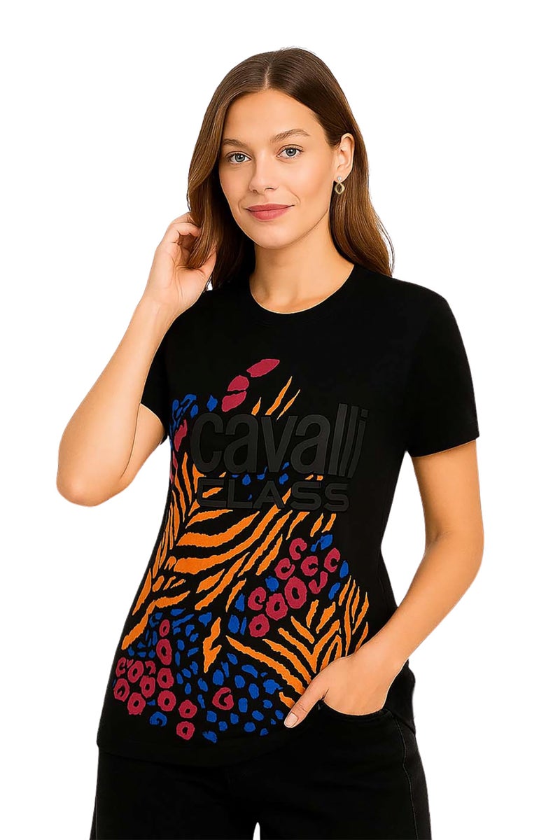 CAVALLI CLASS Women's Round Neck Cotton Short Sleeve Brand Logo Crop Top T-Shirt - Image 4