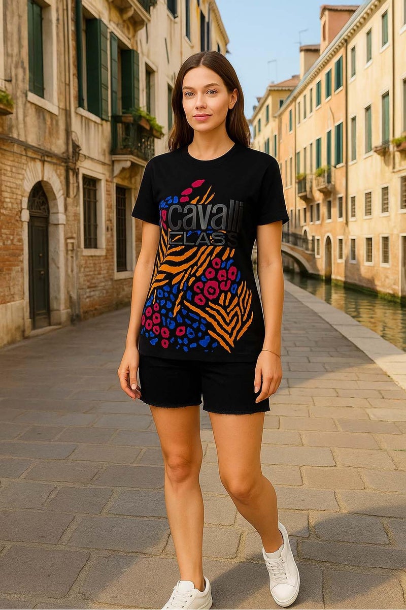 CAVALLI CLASS Women's Round Neck Cotton Short Sleeve Brand Logo Crop Top T-Shirt - Image 3