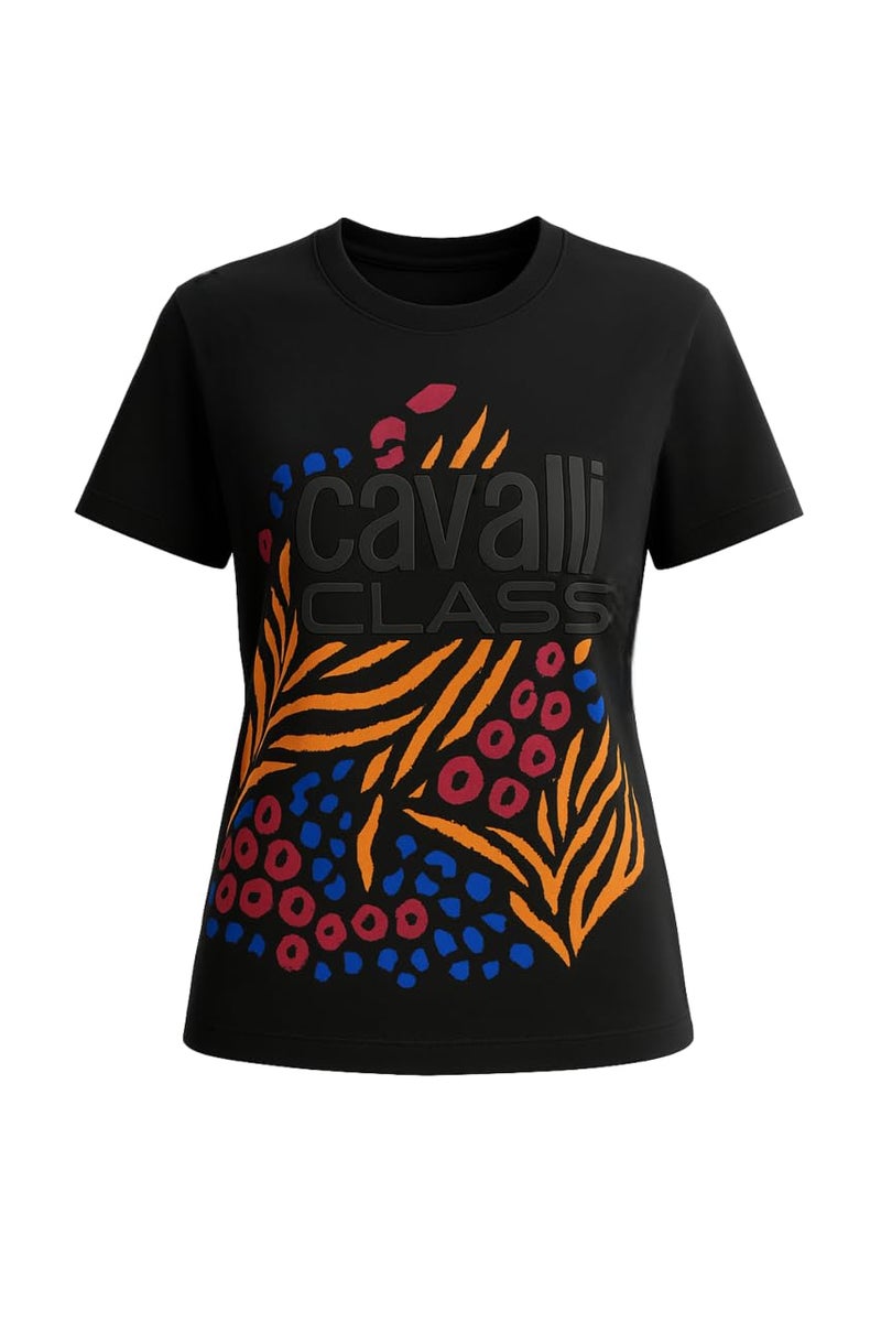 CAVALLI CLASS Women's Round Neck Cotton Short Sleeve Brand Logo Crop Top T-Shirt - Image 2
