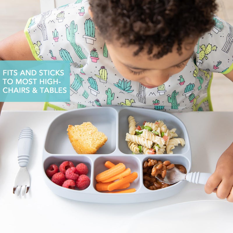 Bumkins Toddler and Baby Suction Plate, Silicone Divided Grip Dish and Lid, Large 5-Section Tray for Kids, Essentials in Children Feeding Supplies, Non Skid Stick Bottom, for Ages 6 Months Up, Gray - Image 3