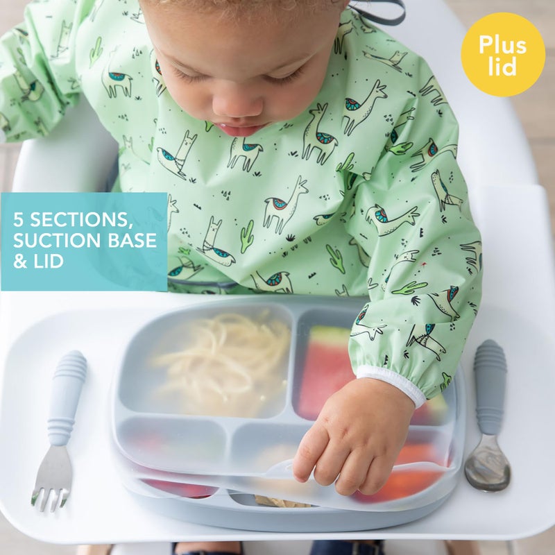 Bumkins Toddler and Baby Suction Plate, Silicone Divided Grip Dish and Lid, Large 5-Section Tray for Kids, Essentials in Children Feeding Supplies, Non Skid Stick Bottom, for Ages 6 Months Up, Gray - Image 2