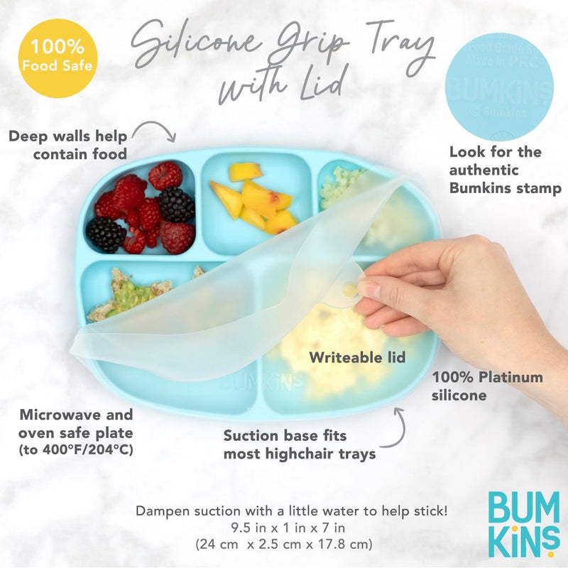 Bumkins Toddler and Baby Suction Plate, Silicone Divided Grip Dish and Lid, Large 5-Section Tray for Kids, Essentials in Children Feeding Supplies, Non Skid Stick Bottom, for Ages 6 Months Up, Gray - Image 5
