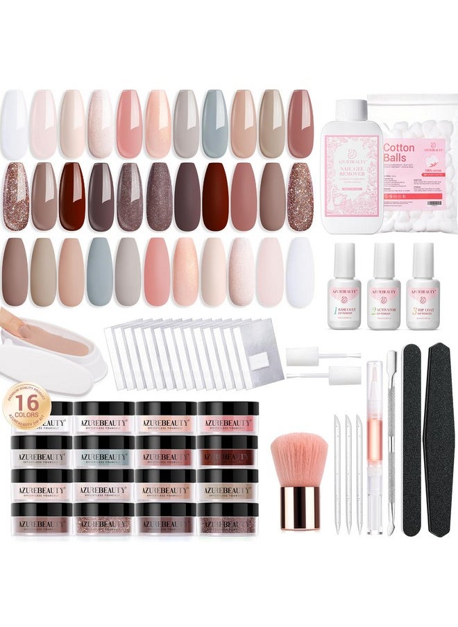 AZUREBEAUTY AZUREBEAUTY 130 Pcs Dip Powder Nail Kit,16 Colors Nude Pink Shine Brown Gray Dip Powder Liquid Set with Professional Remover/Top/Base Coat/Activator for Nails Art Manicure DIY Salon Women  - Image 1