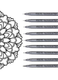 BRUSTRO Technical Fineliner & Brush Pen Set Of 9 |Black| Tip Sizes - 0.05,0.1,0.2,0.3,0.4,0.5,0.6,0.8 Mm| Waterproof, Ideal For Mandala, Drawing,Artist Illustration,Sketching  - Image 1