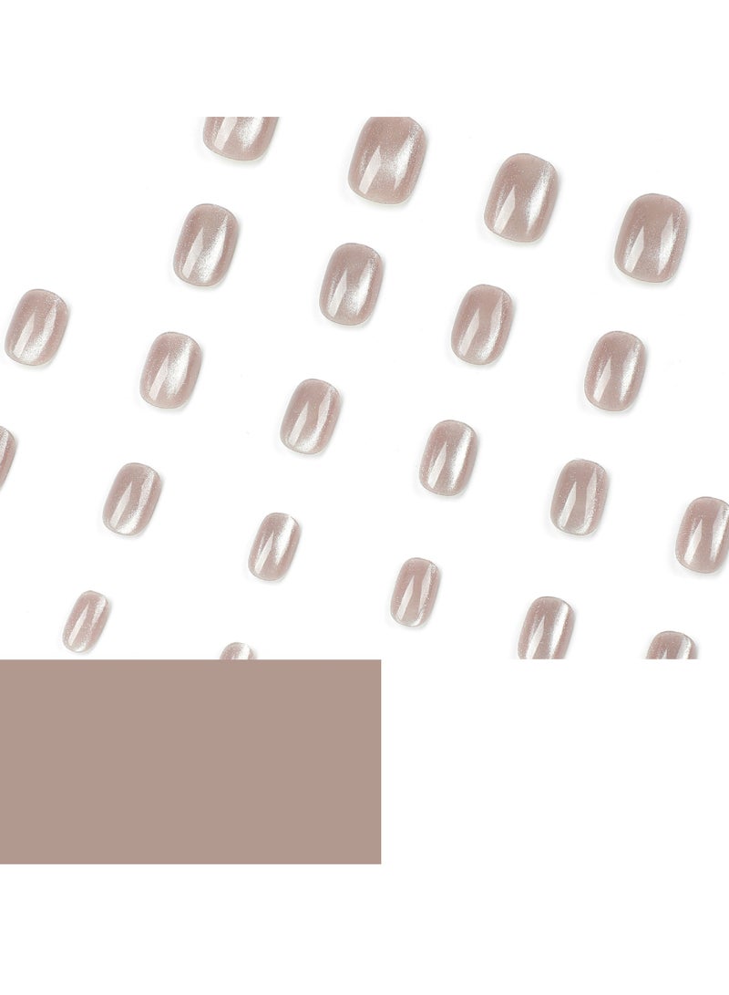 جوسكوين أظافر تركيب فرنش تيب, أظافر قابلة للارتداء بتصميم عين القط بلون بيج سموكي, أظافر صناعية قصيرة, 24 قطعة, أظافر أكريليك مزيفة مع مجموعة صمغ. - Image 3