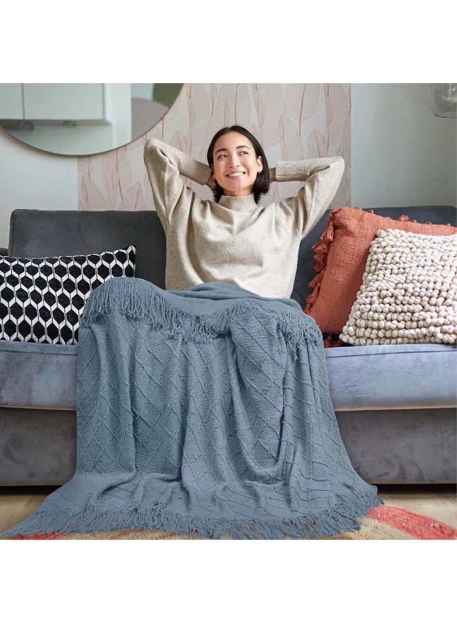 PAVILIA PAVILIA Dusty Blue Knit Twin Blanket for Couch  Soft Knitted Boho Farmhouse Home Decor Woven Throw  Cozy Decorative Afghan Bed Sofa  Outdoor Summer Fall Gift Lightweight  Slate Light Blue Gray  60x80  - Image 5