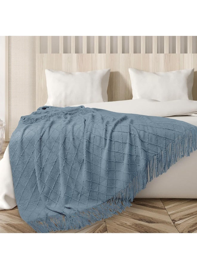 PAVILIA PAVILIA Dusty Blue Knit Twin Blanket for Couch  Soft Knitted Boho Farmhouse Home Decor Woven Throw  Cozy Decorative Afghan Bed Sofa  Outdoor Summer Fall Gift Lightweight  Slate Light Blue Gray  60x80  - Image 2