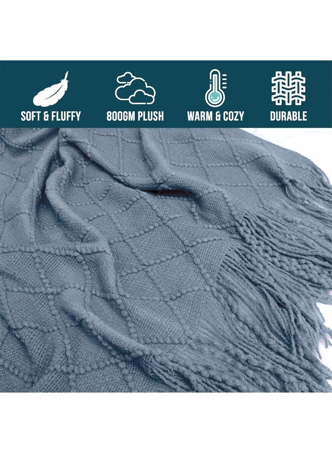 PAVILIA PAVILIA Dusty Blue Knit Twin Blanket for Couch  Soft Knitted Boho Farmhouse Home Decor Woven Throw  Cozy Decorative Afghan Bed Sofa  Outdoor Summer Fall Gift Lightweight  Slate Light Blue Gray  60x80  - Image 4