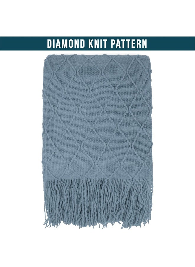PAVILIA PAVILIA Dusty Blue Knit Twin Blanket for Couch  Soft Knitted Boho Farmhouse Home Decor Woven Throw  Cozy Decorative Afghan Bed Sofa  Outdoor Summer Fall Gift Lightweight  Slate Light Blue Gray  60x80  - Image 3