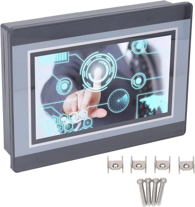 شاشة لمس PLC من Eujgoov، شاشة عرض HMI مقاس 7 بوصة من نوع TFT LCD، 12 مدخل و 8 مخرجات، معالج ARM9، تنزيل عبر USB، مبرمجة لبرامج GX Developer و GX Works2، مزودة بـ 2 قناة من نوع K لقياس الحرارة. - Image 1