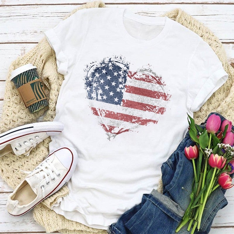 2025 Independence Day Print Cute Casual Round Neck Women'S Short Sleeve T-Shirt Flag Series - Image 1