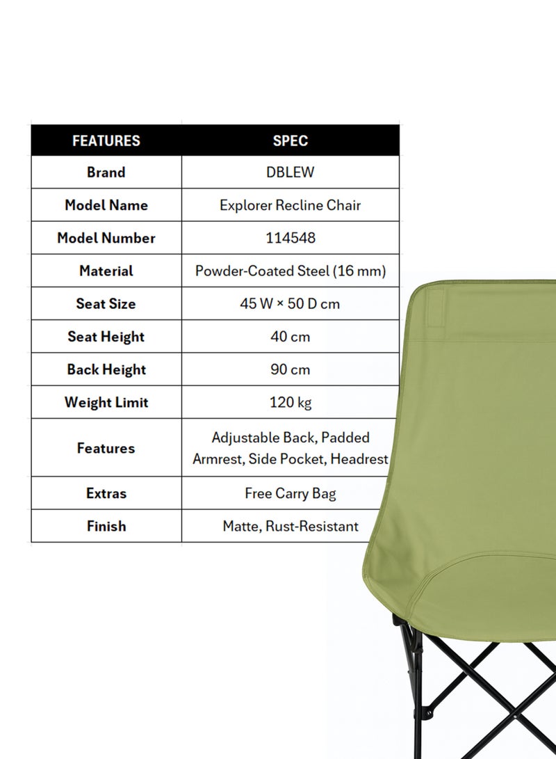 DBLEW Adjustable Reclining Folding Camping Chair with High Back, Headrest & Side Pocket Lightweight Portable Outdoor Chair with 3-Position Backrest & Carry Bag for Camping, Fishing, Beach Trips, Picnics & Outdoor Parties - Image 2