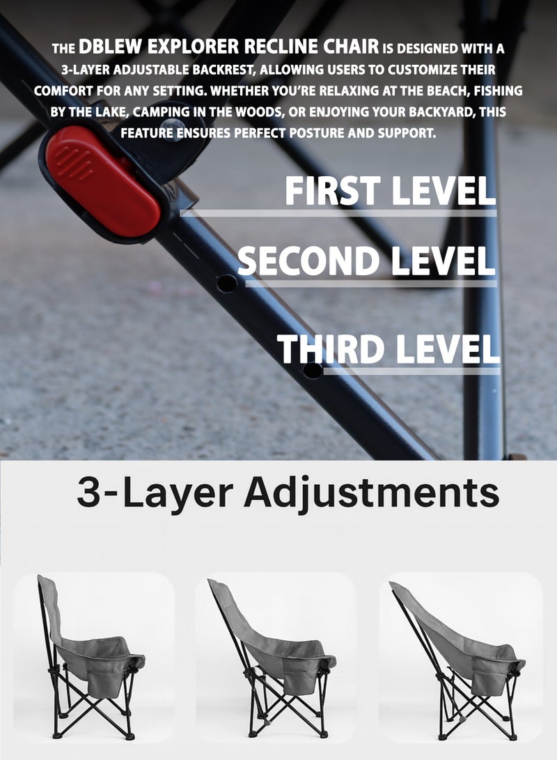 DBLEW Adjustable Reclining Folding Camping Chair with High Back, Headrest & Side Pocket Lightweight Portable Outdoor Chair with 3-Position Backrest & Carry Bag for Camping, Fishing, Beach Trips, Picnics & Outdoor Parties - Image 4