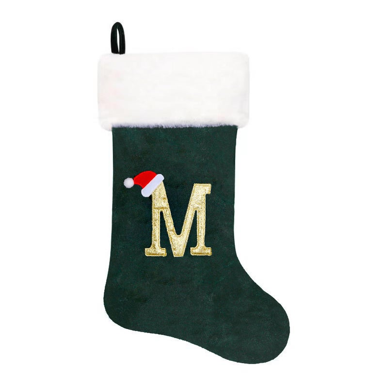 Eoocan 20 Inches Monogram Christmas Stockings Green Velvet With White Super Soft Plush Cuff Embroidered Xmas Stocking Classic Personalized Stocking Decoration For Family Holiday Season Decor(Letter M)