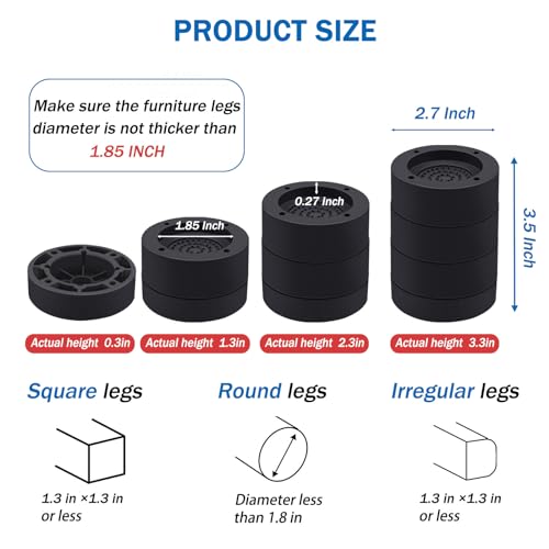 ANNKUT Furniture Risers 2 inch，Round Bed Risers Heavy Duty，Elevation in Heights 1 or 2 Inch for Chair Table and Desk Legs Lifting，Adjustable Bed Lifts Risers(Pack of 4 Riser,Black) - Image 2